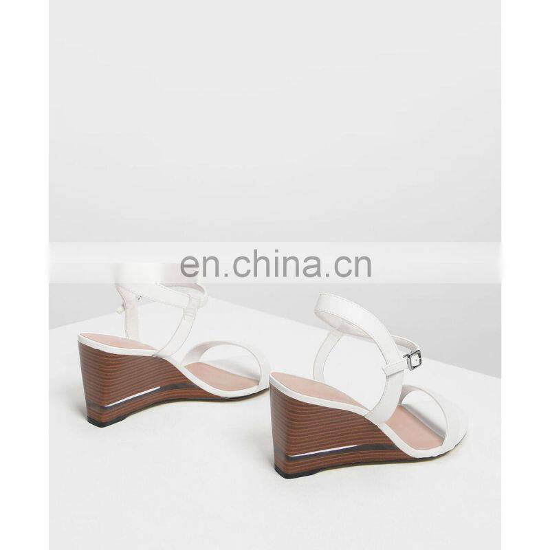 Ladies beautiful cheap price ankle strap wooden heels wedges breathable lining sandals shoes