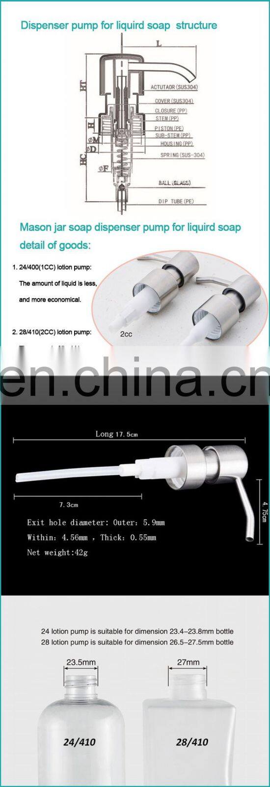 High quality 1cc 2cc dosage 33mm brass finished glass bottle lotion pump 24/400 liquid soap pump stopper