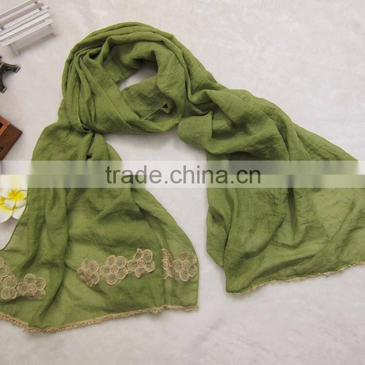 Wholesale Plain Cotton Linen Flower Embroidery Designs Ladies Scarves