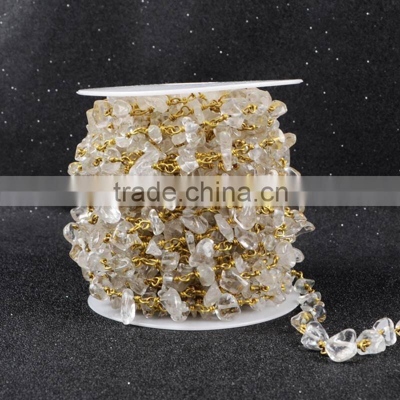 Silver & Gold Plated Clear Quartz Handmade Bead Wire Wrapped Rosary Chain Roll