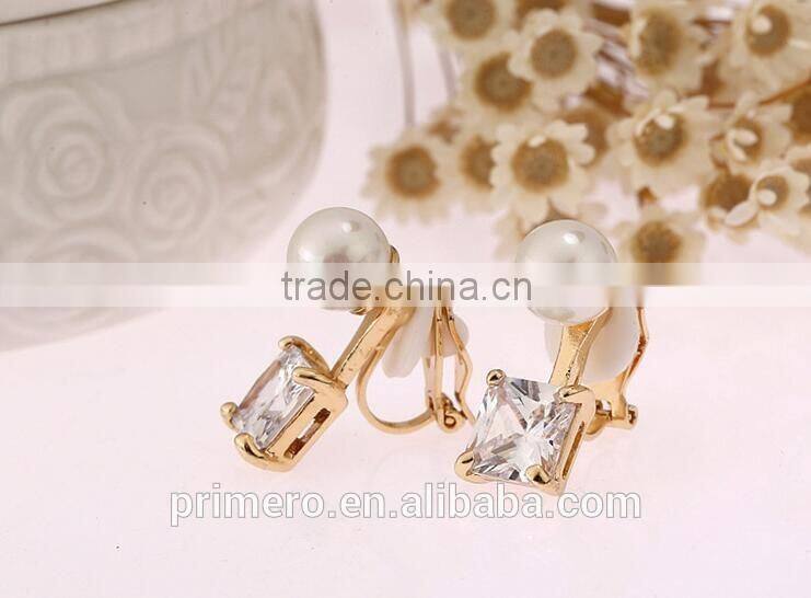 Gorgeous Design Pearl Top Quality Cubic Zirconia Bridal Dangle No Hole Earring