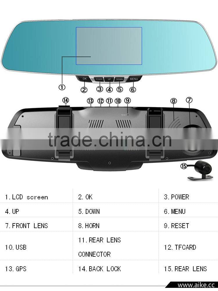 New arrival car dvr mirror monitor 1080p rearview mirror camera dual lens car camera recorder night vision vehicle dvr parking