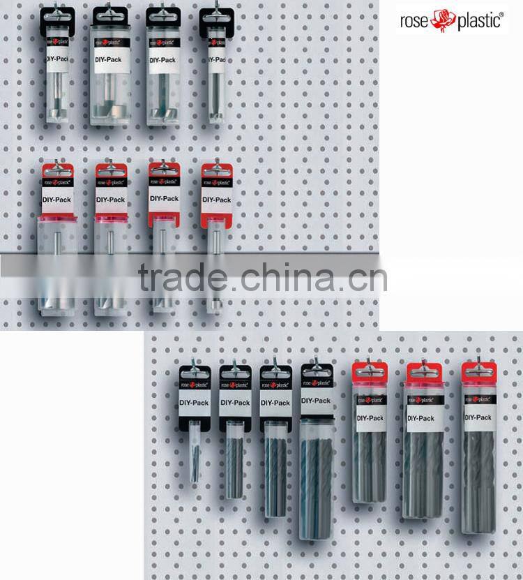 PP plastic round or rectangular packaging tubes for drills with hanging clip plug closure DIY pack