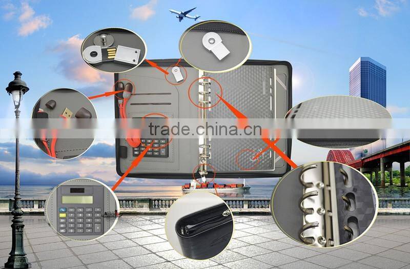 Black pu leather zip A4 file organizer folder case with calculator