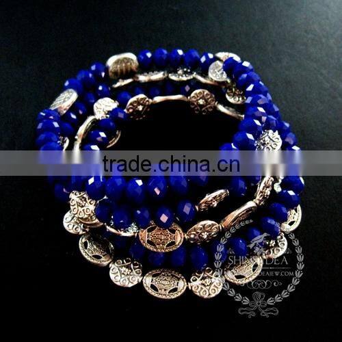 vintage antiqued silver ethical deep blue faceted glass beads 5 layers chunky fashion wiring bangle bracelet jewelry 6490042