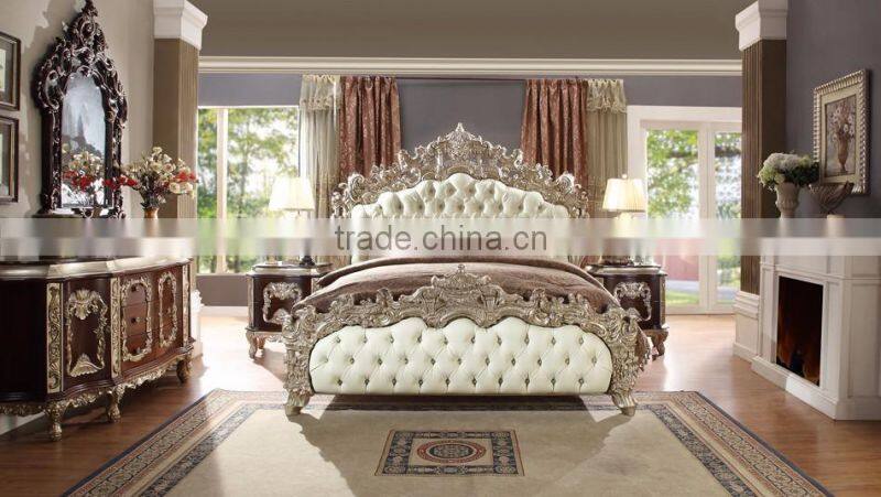 Bisini Italian Royal Hand Carved Wooden Bedroom King Size Bed With Leather Headboard/European Solid wood Furniture(MOQ=1 SET)