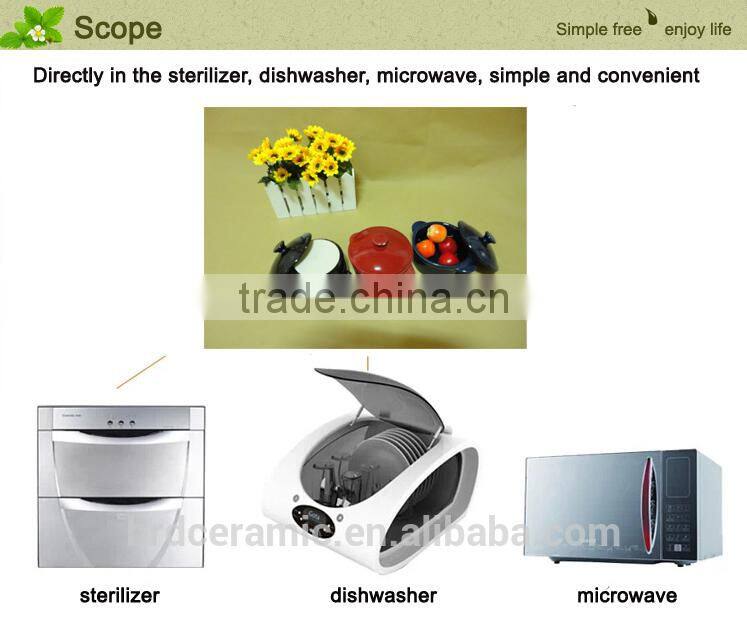 2014 round High quality two handles colored ceramic bakeware plate set