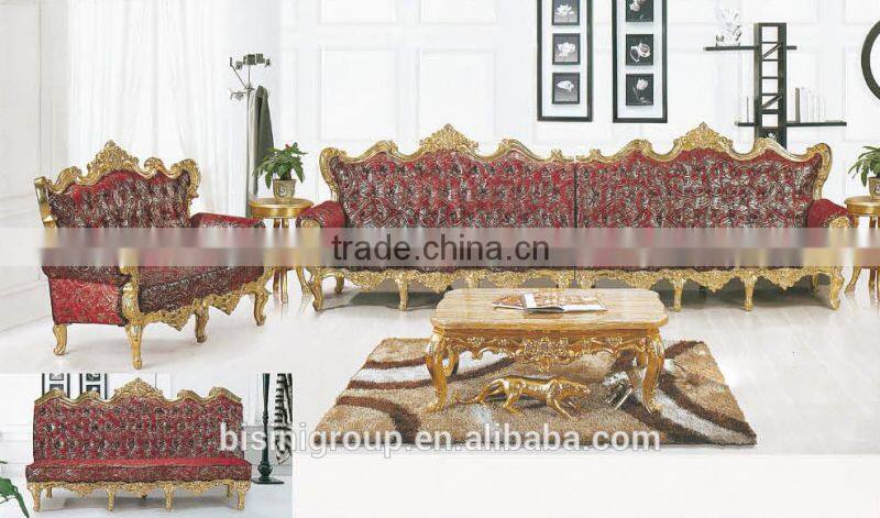 BISINI Exquisite Solid Wood Carved Sofa Set Gold Foil Lobby Leather Sofa Set For Hotel Lobby