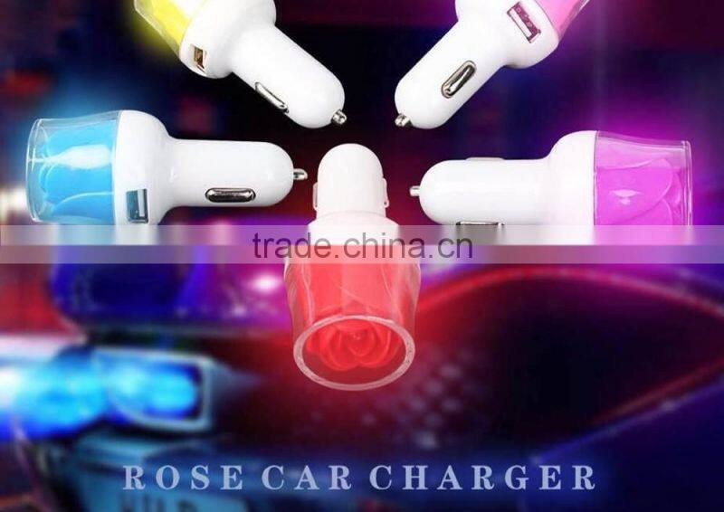 LED Light Rose Shape Dual USB Port Car Charger For Phone