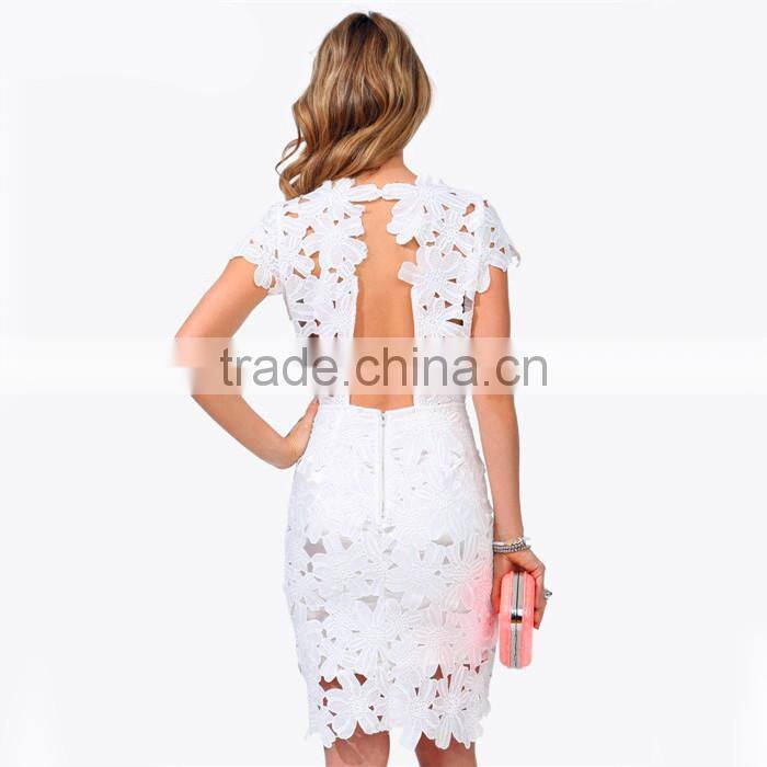 New Women Party Slim Vintage Evening Dress Formal White Short Sleeve Floral Crochet Lady Clothing Sexy Bodycon Bandage Dress