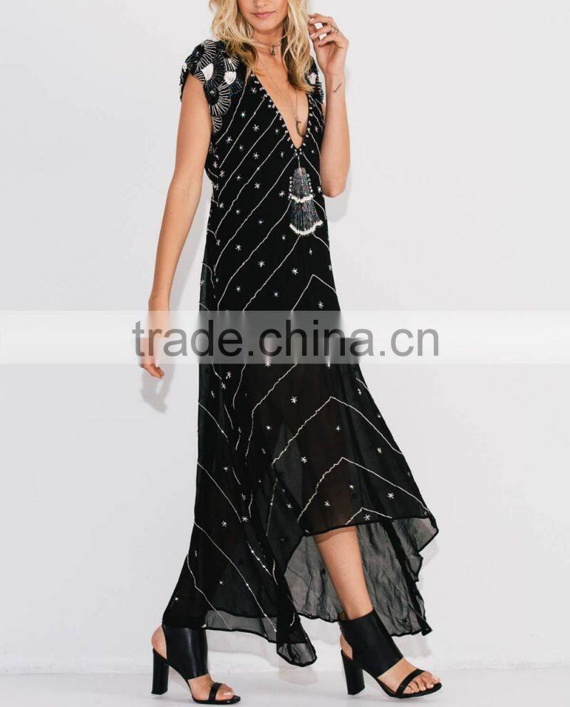 Boho Clothing Chiffon Maxi Embroidered And Beaded Dress Ladies Fashion Dresses With Pictures 2016 HSD5815