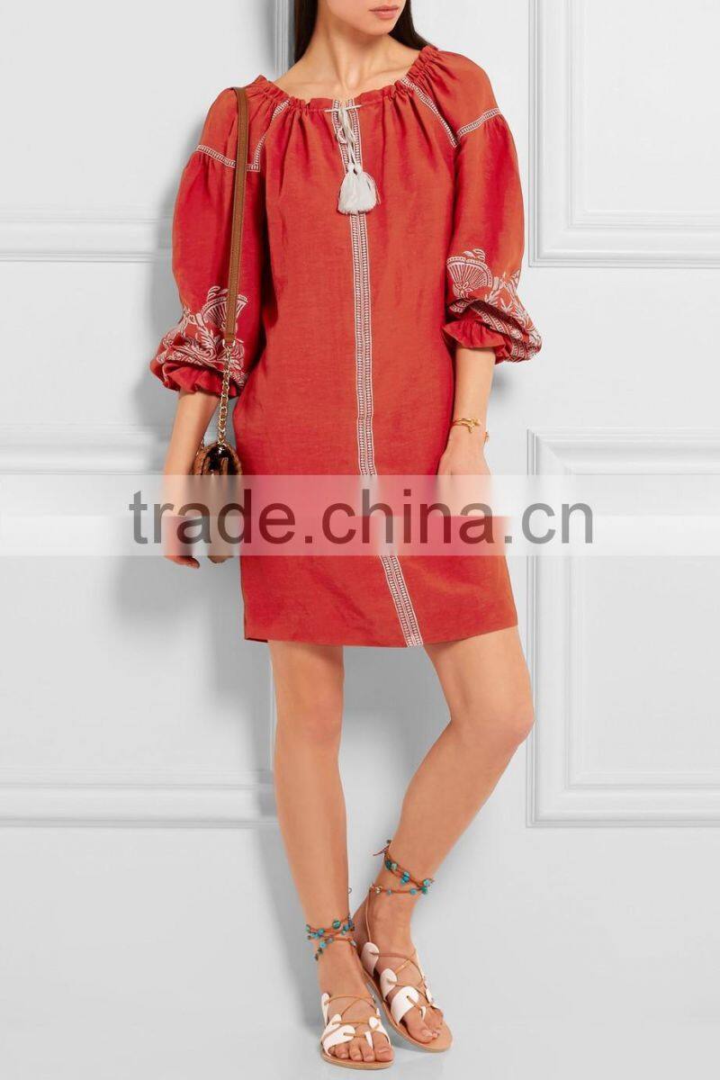 Cool Bohemian Embroidered Slub Crepe Linen Mini Dress Hand Flora Embroidery Designs 2016 HSD5750