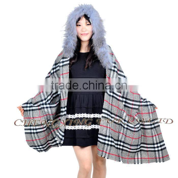 CX-B-P-39 Cheap Genuine Raccoon Fur Trim Pashmina Shawls Wholesale With Hood