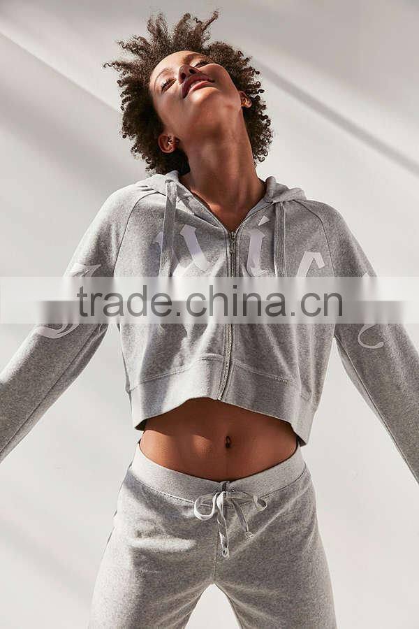 Grey Cropped Zip Hoodie Jacket Printing Long Sleeve 100% Cotton Terry Sweatshirt Loose Women's Hoody Sportswear