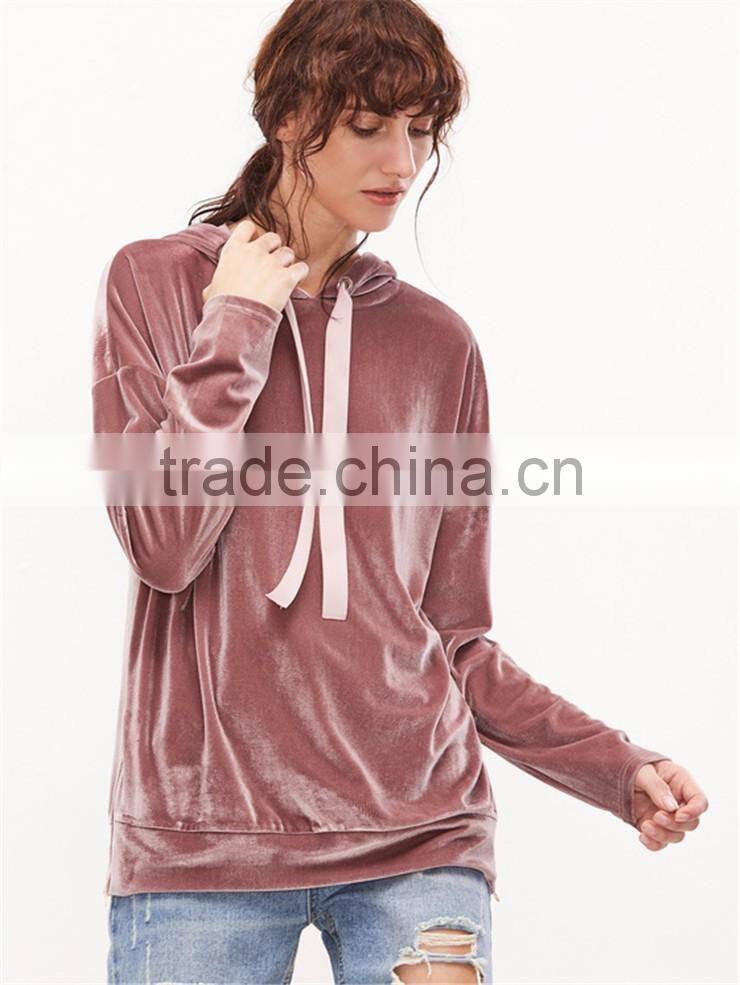 MGOO Oversized Women Pink Drop Shoulder Zip Slit Side Velvet Hoodie With Drawstrings Plain Pullover