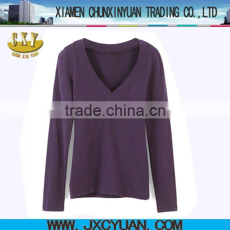 2016 new style fashion ladies t-shirt with double v-neck