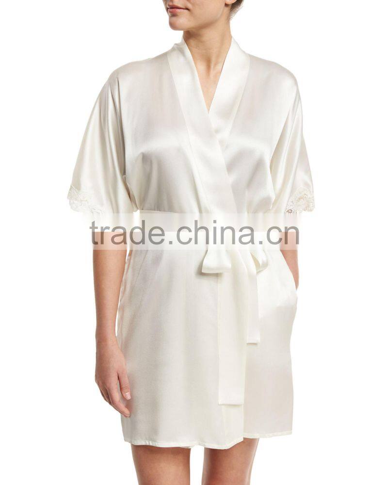 Wholesale & custom short kimono robe, wrap front silk satin robe, lace trim short robe