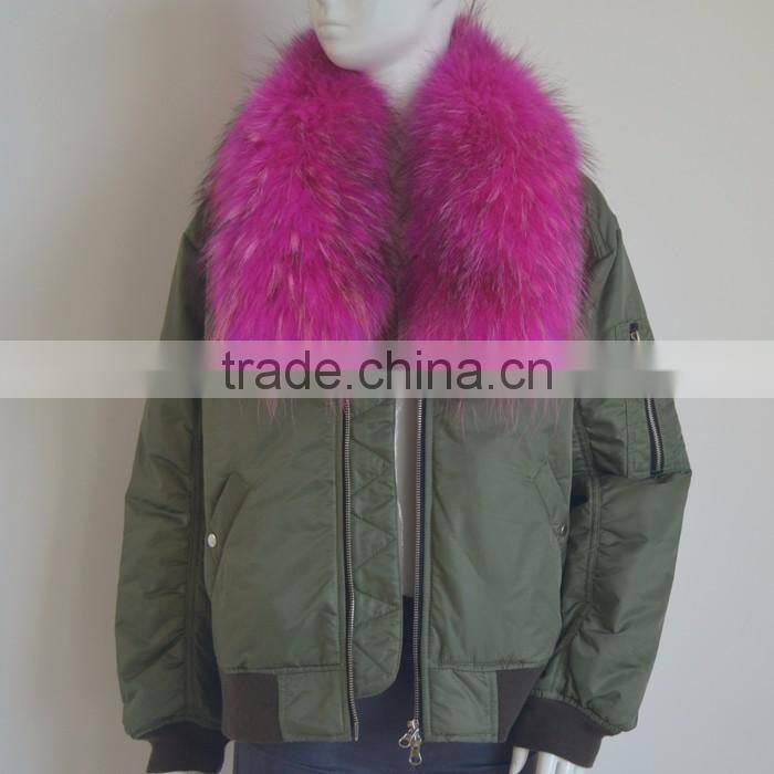 Myfur Customized Polyester MA1 Bomber Jacket with Detachable Dyed Raccoon Fur Collar for Women