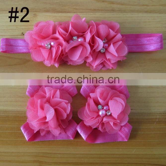 Hot 2014 fashion popular children's hand stitching Chiffon Rhinestone Flower Hair Band foot flower set and baby wrist flower