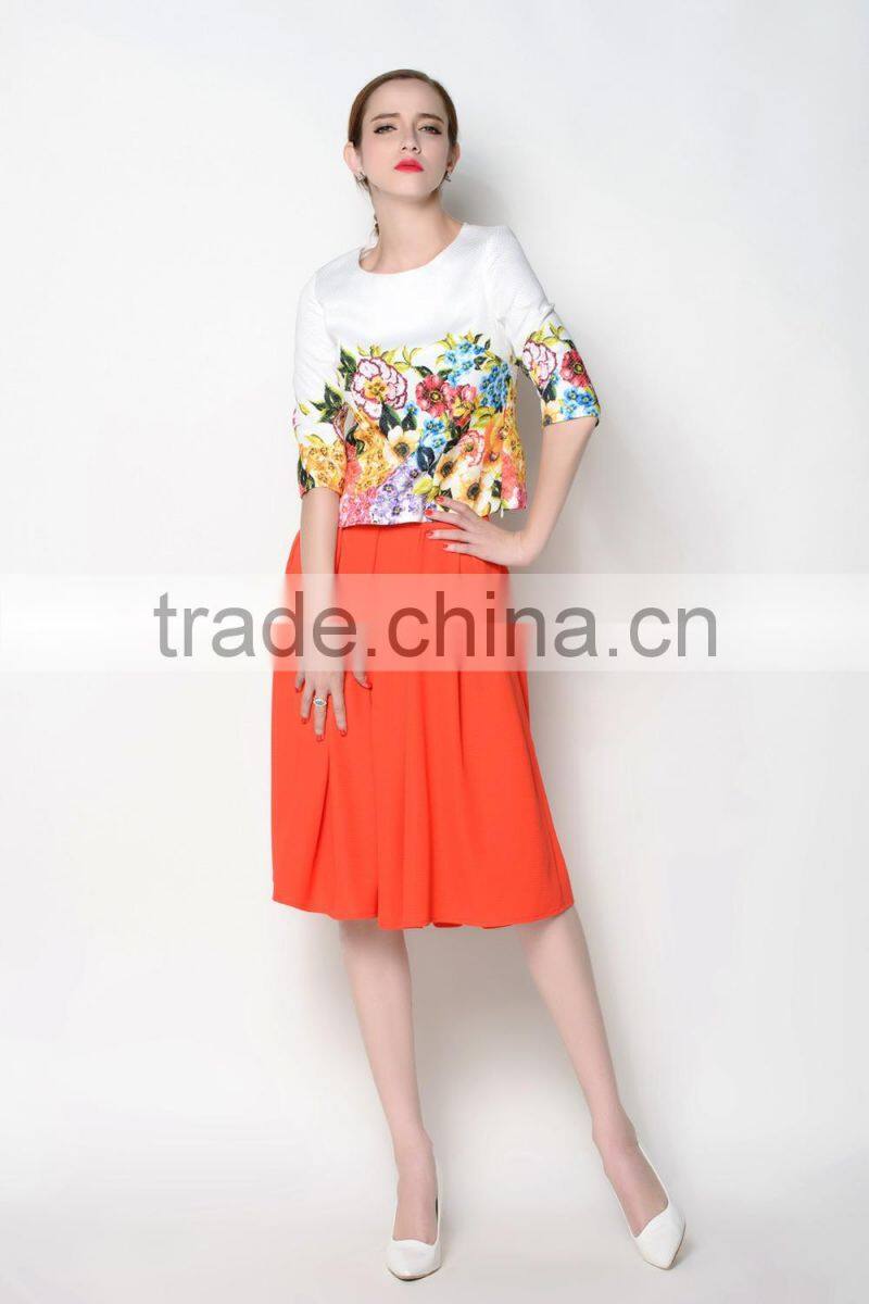 hot sell o neck floral half sleeve latest skirt and blouse for women