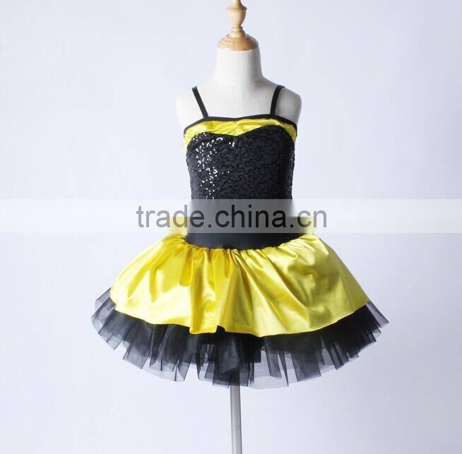 2016 New Design -kids western professional black sequin leotard yellow and black skirt ballet tutu