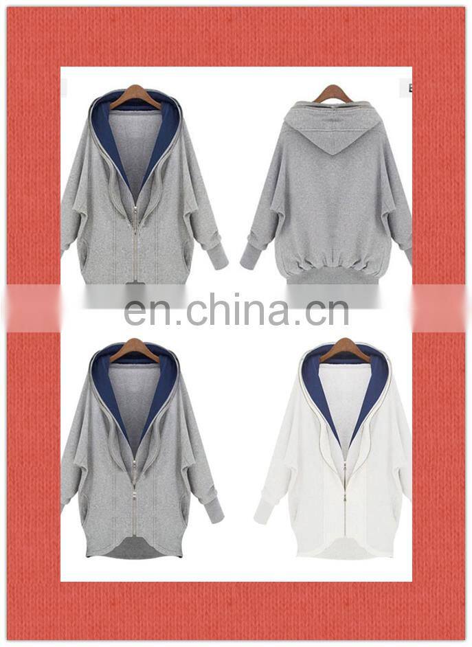 Factory OEM Apparel Women Sweatshirts Wholesale Organic Cotton Hoodie Bat Wing Sleeve 2-Layer Collar Zipper Sweatshirt