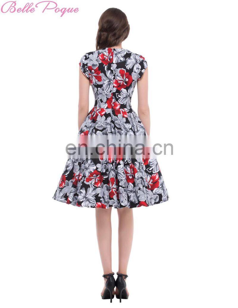 Belle Poque Stock Cap Sleeve V-Neck 17 Patterns Cotton Vintage Retro 50s Dress BP000001-4