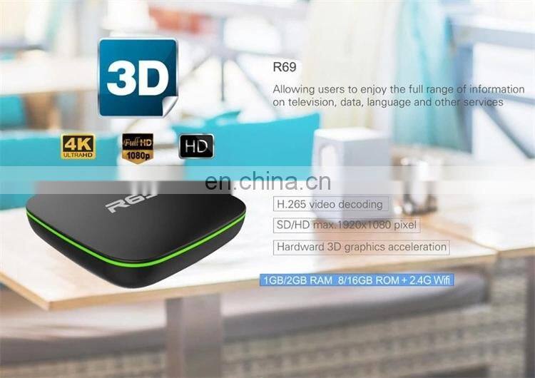 Hot selling Allwinner H3 chip android tv box 1/2GB 8/16GB R69 with 2.4G wifi android smart tv box