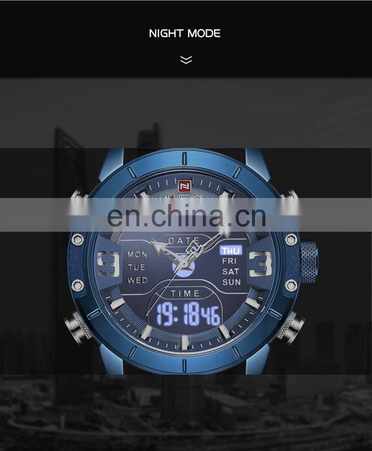 NAVIFORCE NF9153L Trendy Men Brand Analog Digital Clock Watch Leather Two Time Alarm Light Watches Men Wrist
