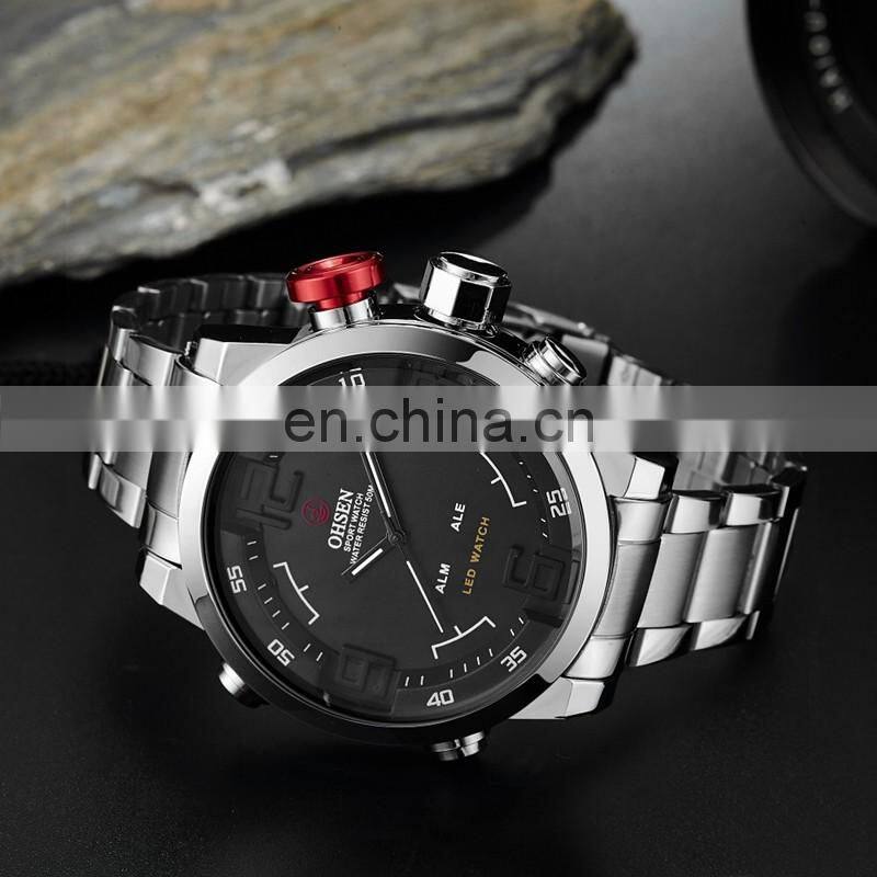 OHSEN AD1608 Mens Business LED Digital Quartz Watch Stainless Steel Time Display Personality Wrist Watch