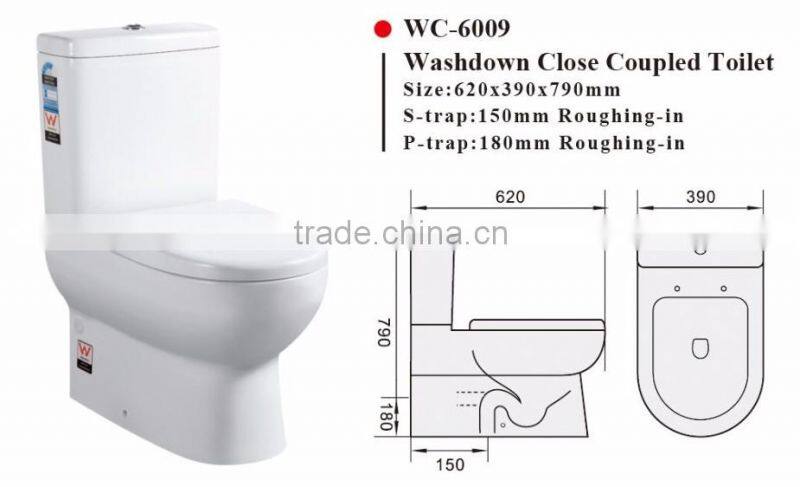 Two-Piece Washdown Watermark Toilet S/P Trap with Geberit or R&T Flush Valve Soft Closing Cover, Australian WELS WC-6009