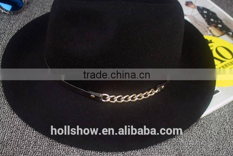 Link Chain Ribbon Decorated Wide Brim Jaz Vintage Wool Felt Man Fedora Hat