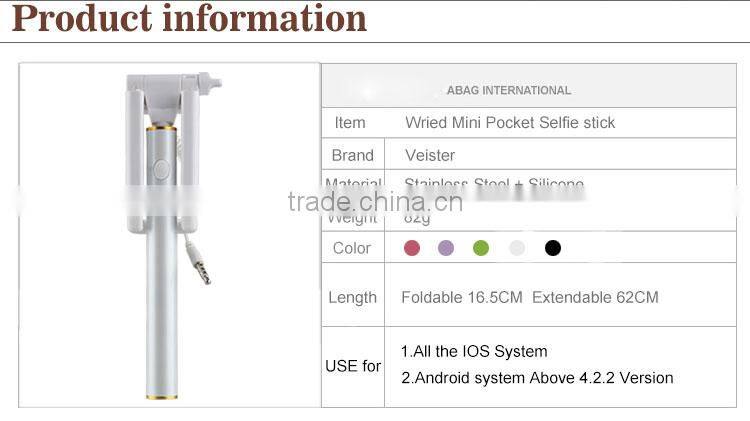 Veister 2016 Pocket size plug and play foldable mini wired cable selfie stick monopod