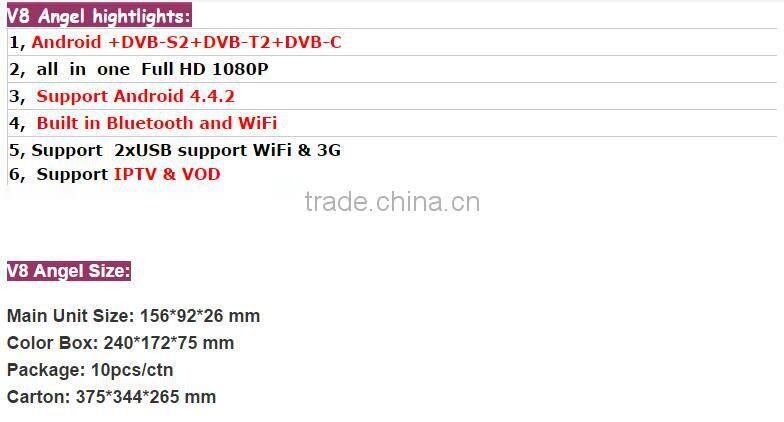 2015 NEW Arrival Andriod Combo DVB-S2+T2+Cable V8 Angel satellite receiver Built in Bluetooth and WiFi Support IPTV & VOD