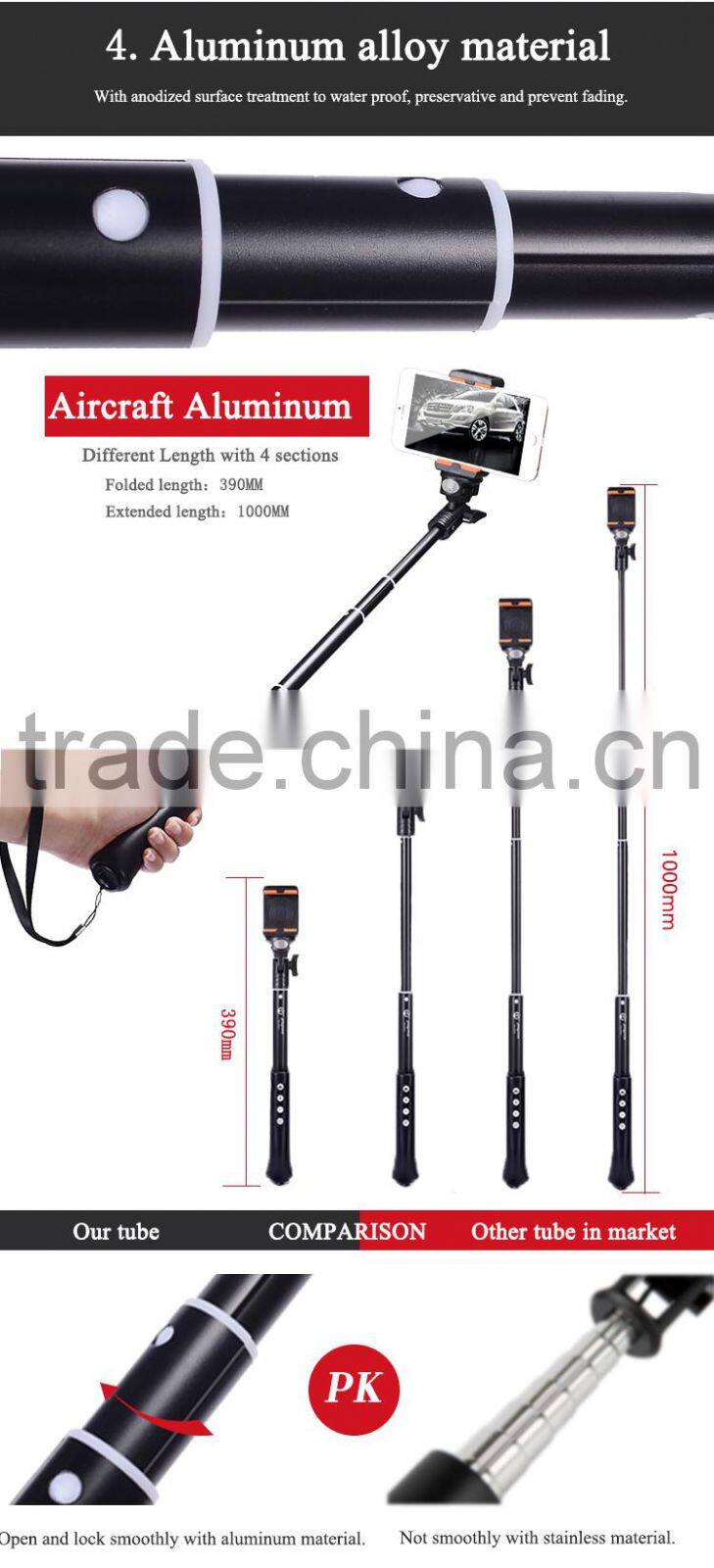 Practical aluminum material selfie stick fashion wireless monopod with a strong phone holder