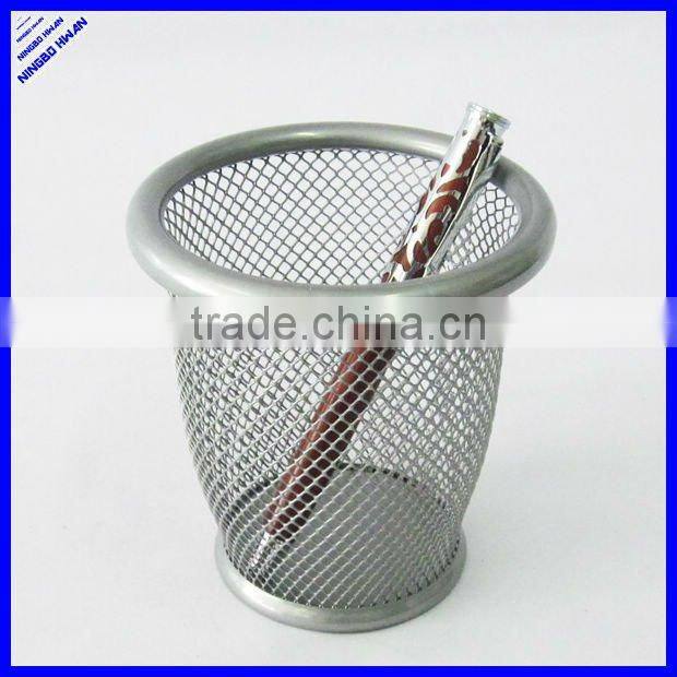 Round black metal mesh pen and paper clip holder