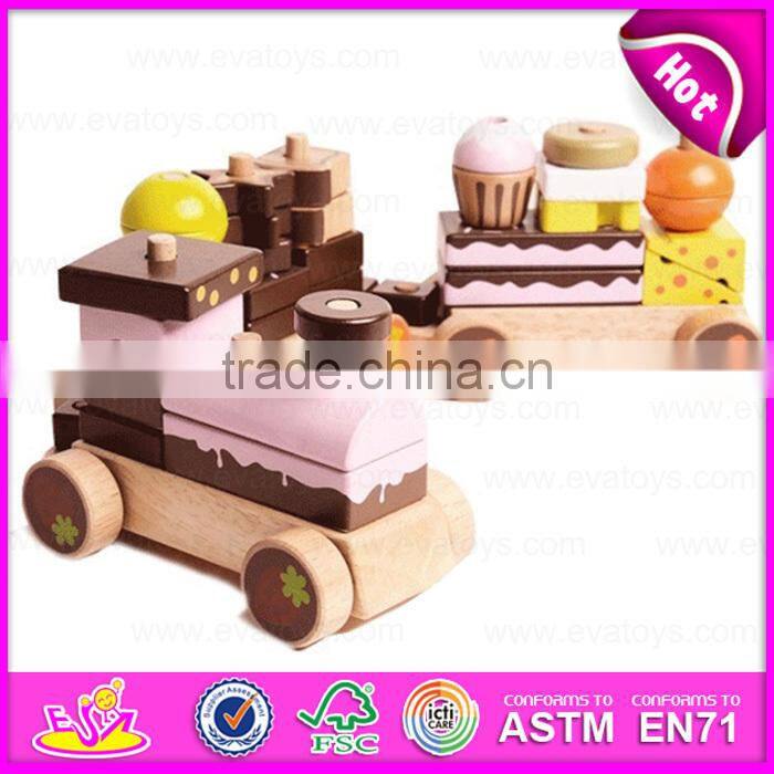 New Wooden Train EN71 ASTM Three Carriages Cake Train,Hot Sell Wooden blocks Chocolate Cake Train Set W05C026