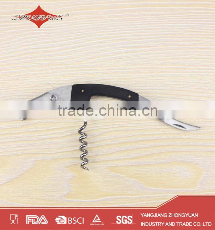 Wood handle cork corkscrew wine opener with knife