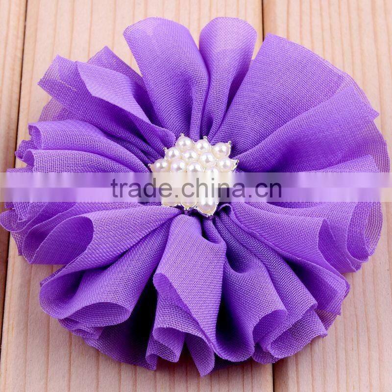hot cutting chiffon flower with pearl bead center for kids hair accessories