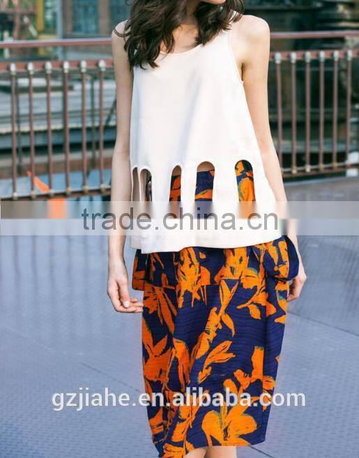 NEW Fashion Casual High Waisted A -line skirt printed women dress +hollow-out hem sleeveless tops
