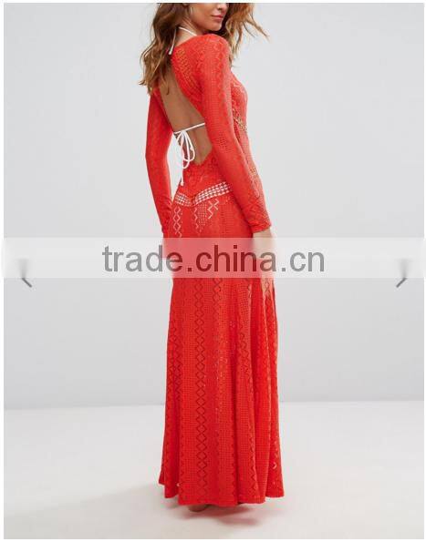 OEM Service Formal Dress Round Neck Sexy Back Open Tight Pencil Women's Lace Long Sleeve Evening Dress