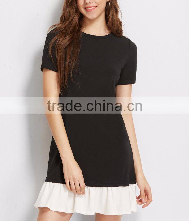 clothing/women fashion dresses/Black Contrast Ruffle Trim Short Sleeve Tee Dress