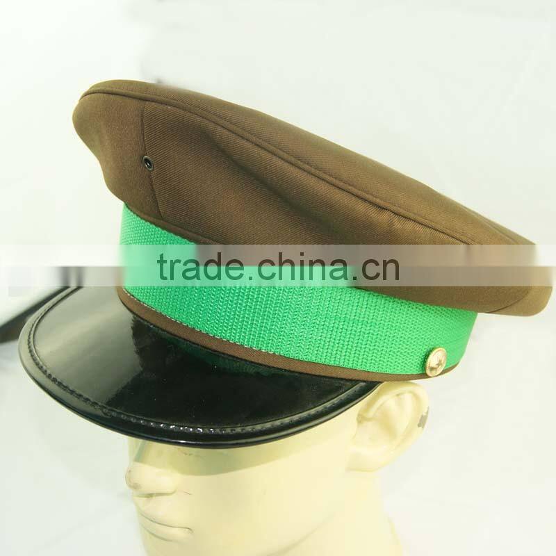 brown army hat with green ribbon for military use cap
