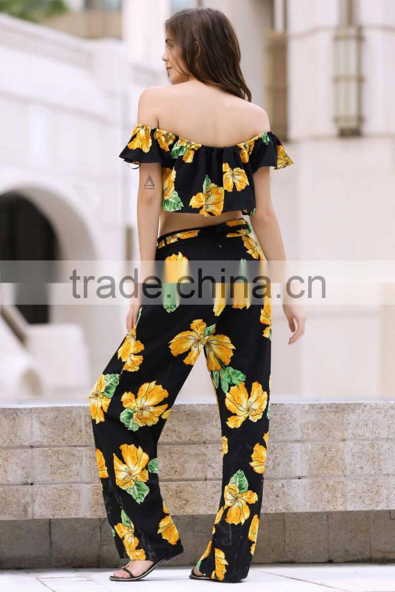 Floral Printed Cold Shoulder Ruffle Crop Top and Palazzo Pants Two Piece Sets