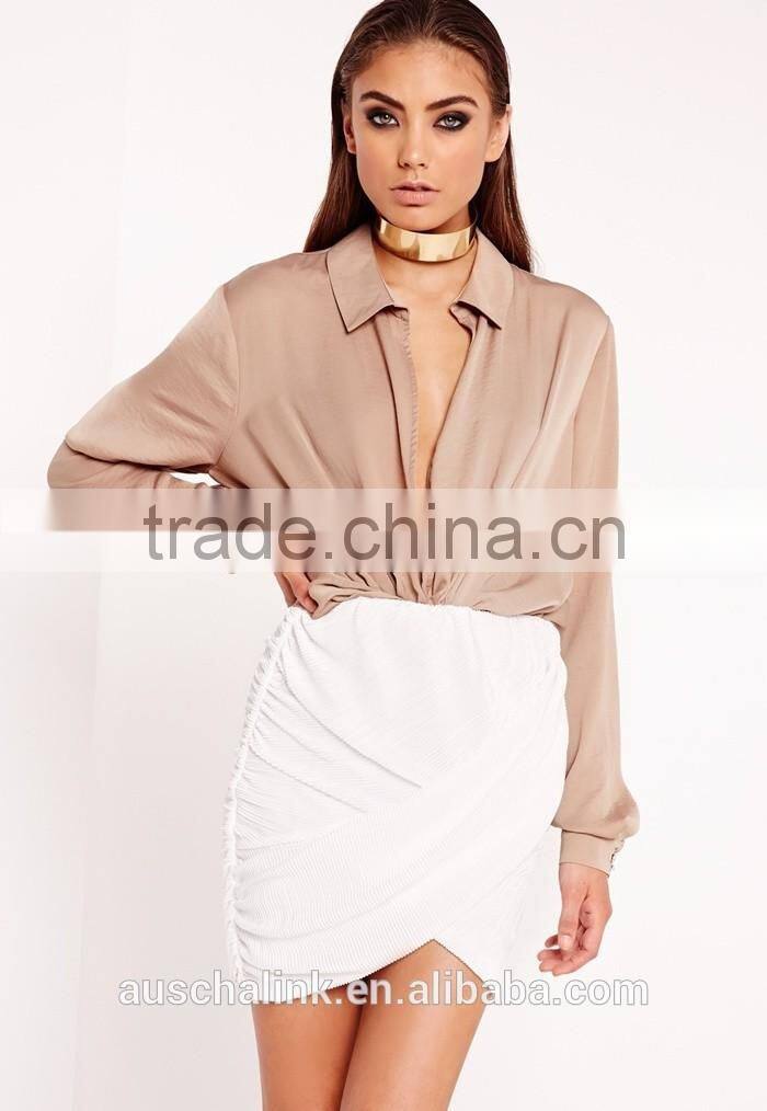 2016 high quality women white pleated magic wrap mini skirt