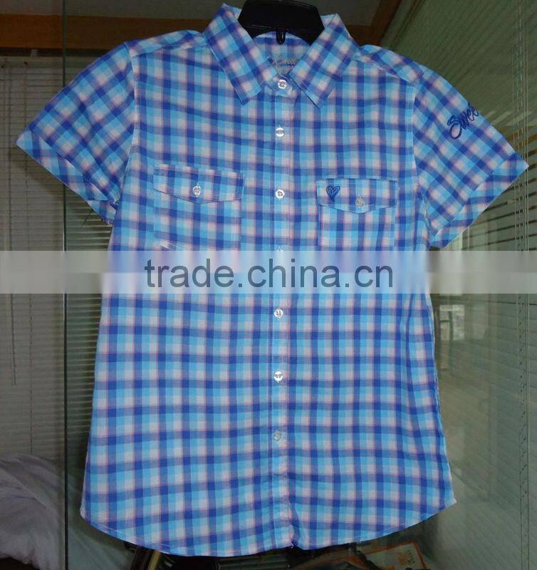 100%COTTON YARN DYED CHECK LADIES SHIRT WITH EMB. PATCH V595