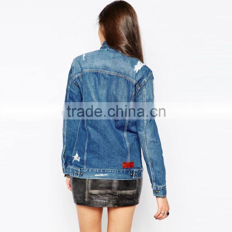 long style young girl ripped denim jacket women cheap