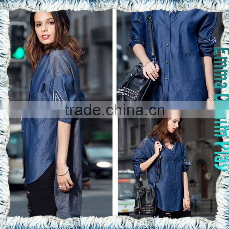 Long Sleeve Patches Longline Jean Shirts for Ladies