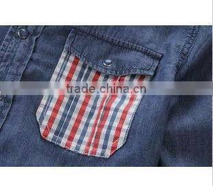 new men's long sleeve denim shirts with two pockets and scapular