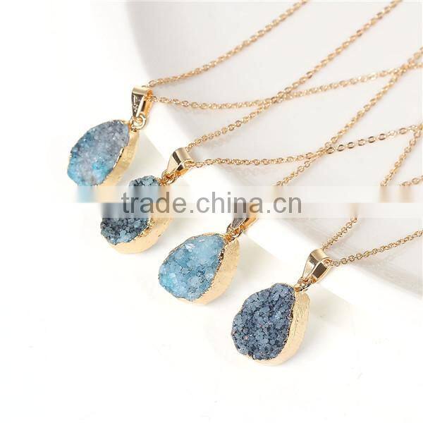 New Fashion Stone Druzy /Drusy Necklace Link Cable Chain Gold Plated Peacock Blue Drop Pendant 50.0cm long